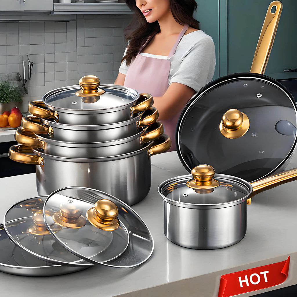 Red Cookware Set, 12-Piece ,Stainless Steel, Non-Stick