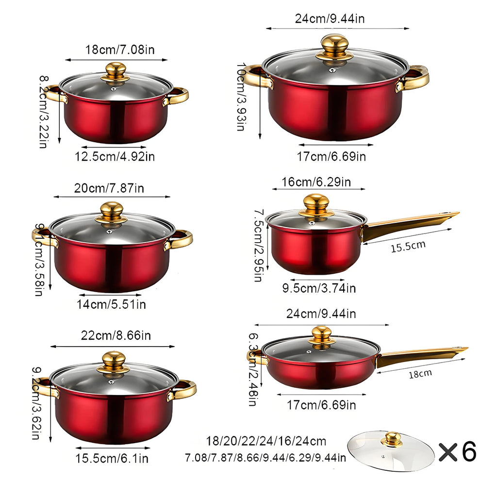 Red Cookware Set, 12-Piece ,Stainless Steel, Non-Stick