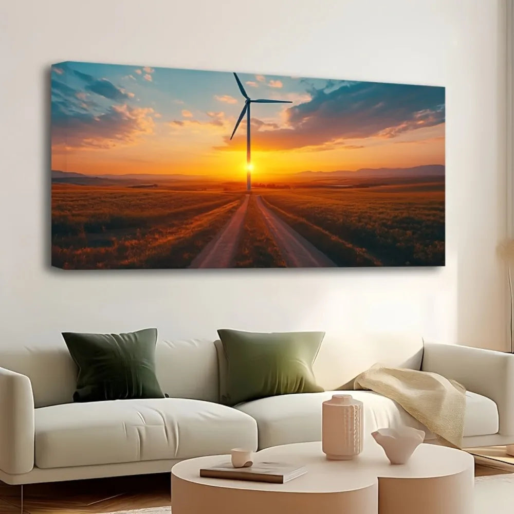 thick pine frame, sunrise wind turbine road, canvas wall art