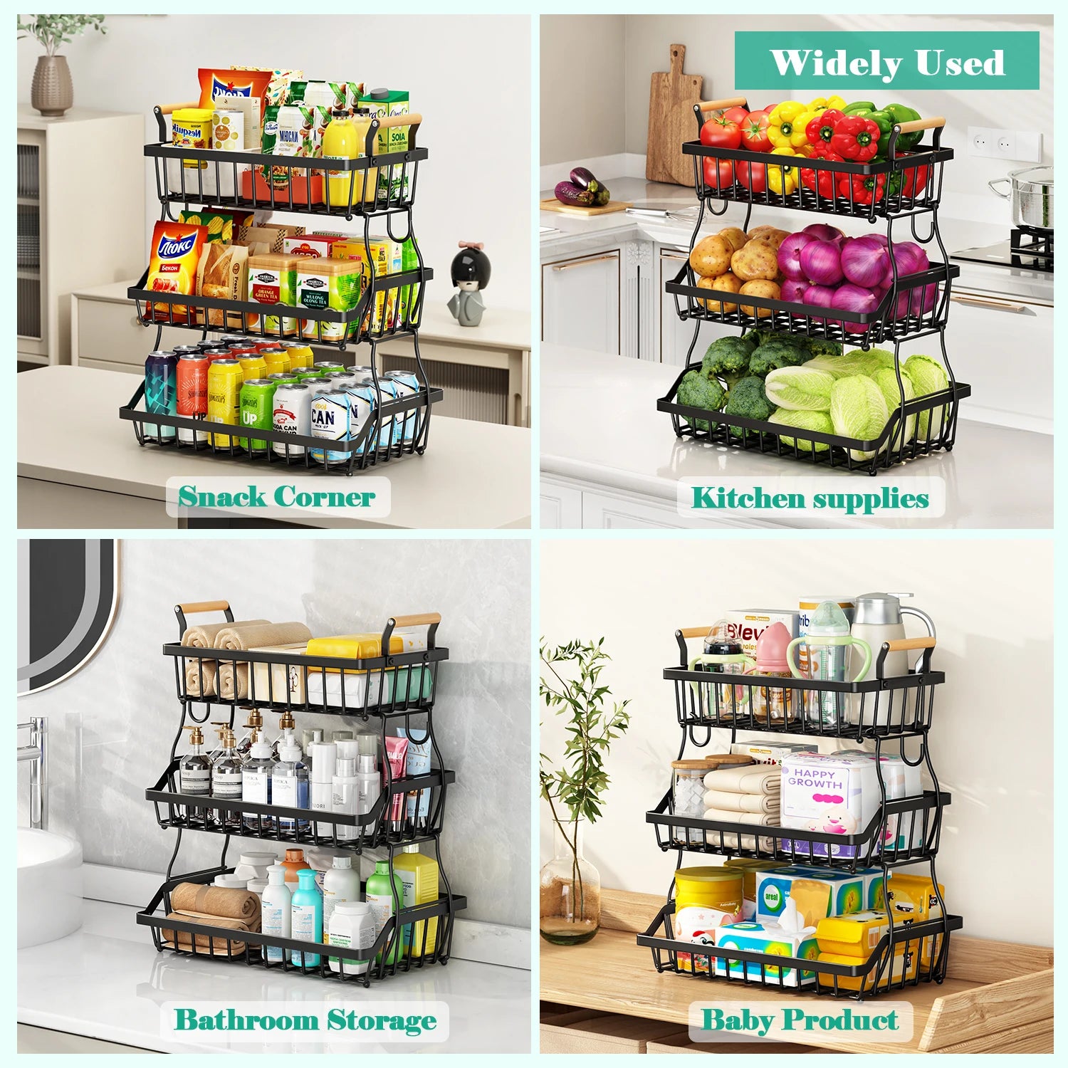 3-Tier countertop fruit basket with 2 banana hooks, removable metal device, wooden handle