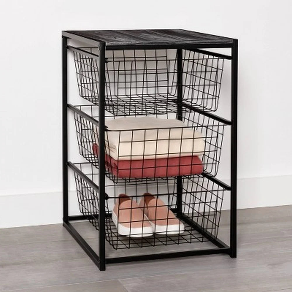 3 Drawer Metal Organizer with Wood Top Decorative Storage Unit
