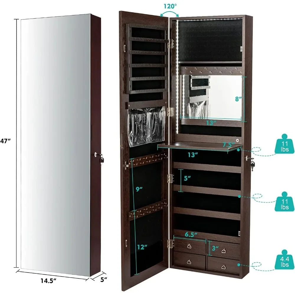 LED Strip Jewelry Armoire with 47.2" H Full Length Mirror