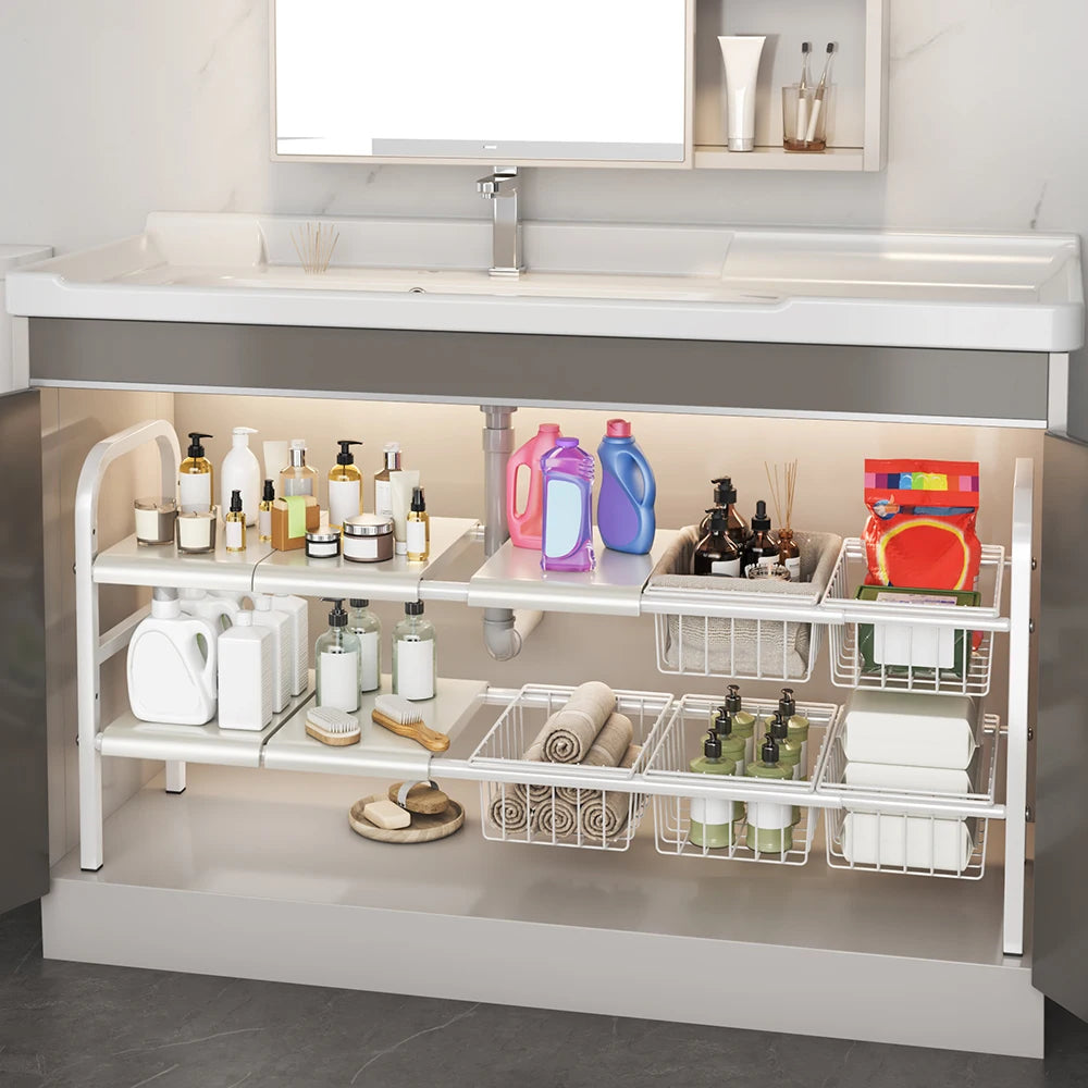Expandable Cabinet Shelf Organizer Storage Rack With Removable Baskets