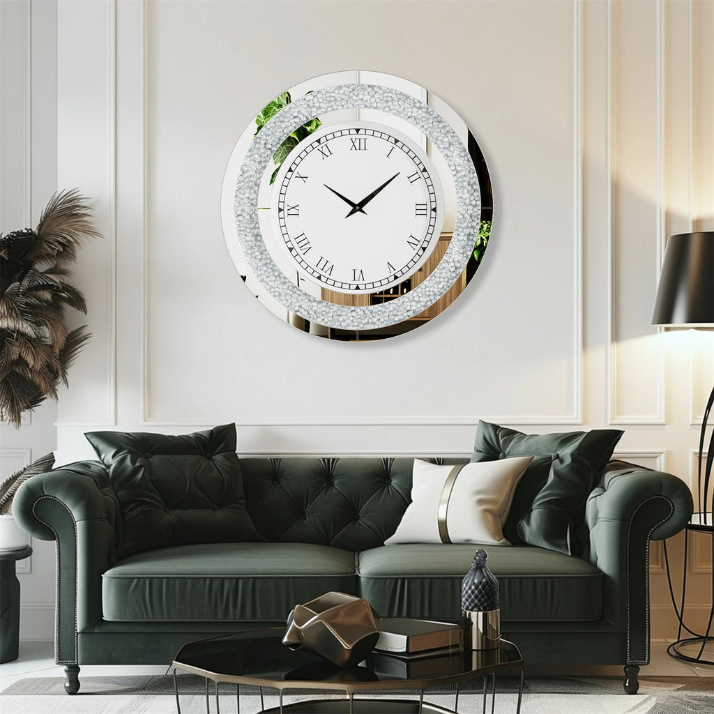 Bling Silver Round Mirror Clock Glam Sparkle Twinkle Shining