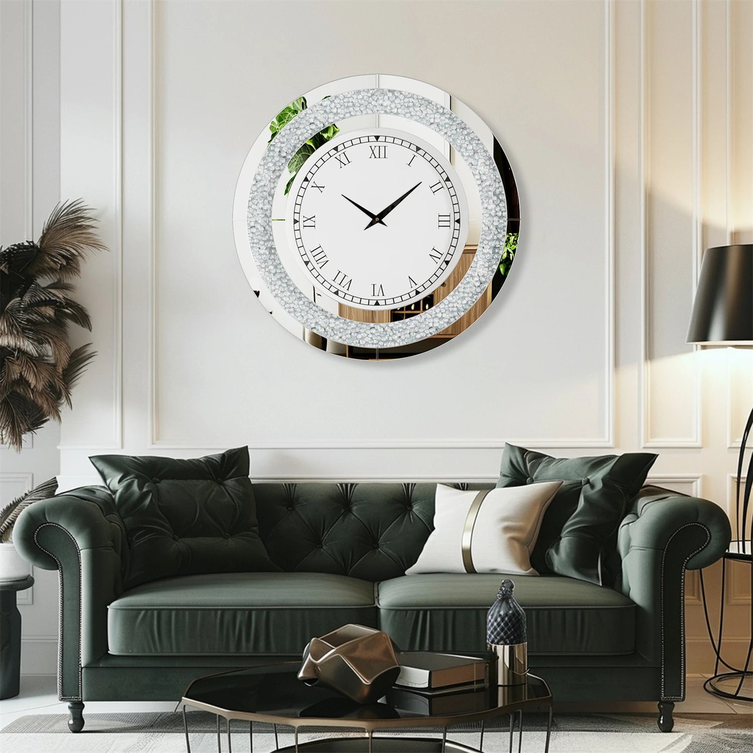 Bling Silver Round Mirror Clock Glam Sparkle Twinkle Shining