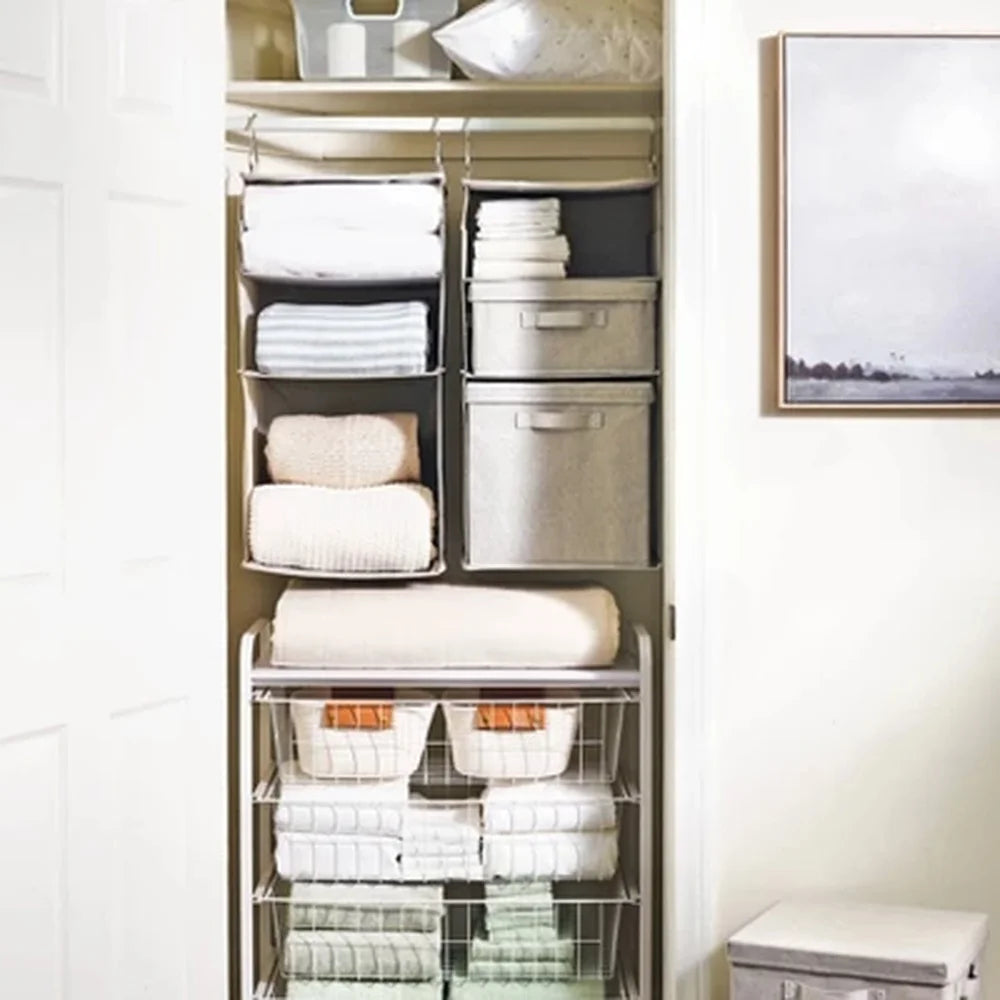 Hanging Fabric Storage Organizer with 3 Shelves Accessory Hooks