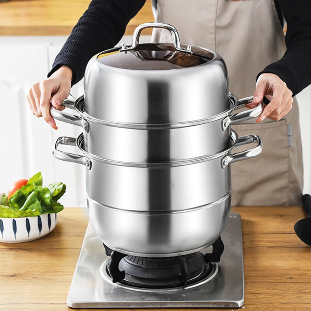 11inch 3 Tier Stainless Steel with Lid&Handle Steamer Pot od