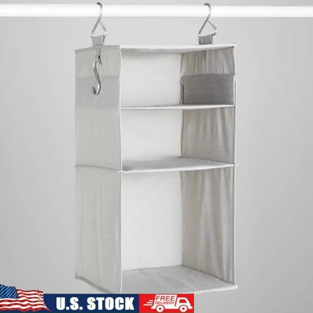 Hanging Fabric Storage Organizer with 3 Shelves Accessory Hooks