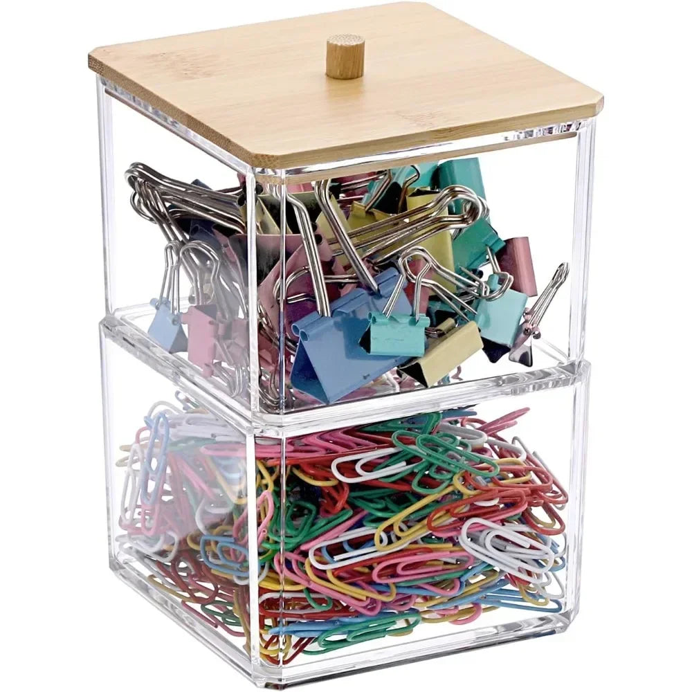 Clear stackable paper clip holder Bamboo cover 2-layer paper clip box