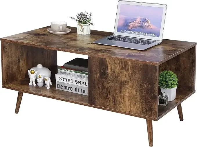 Wooden Coffee Table with Open Storage Shelf