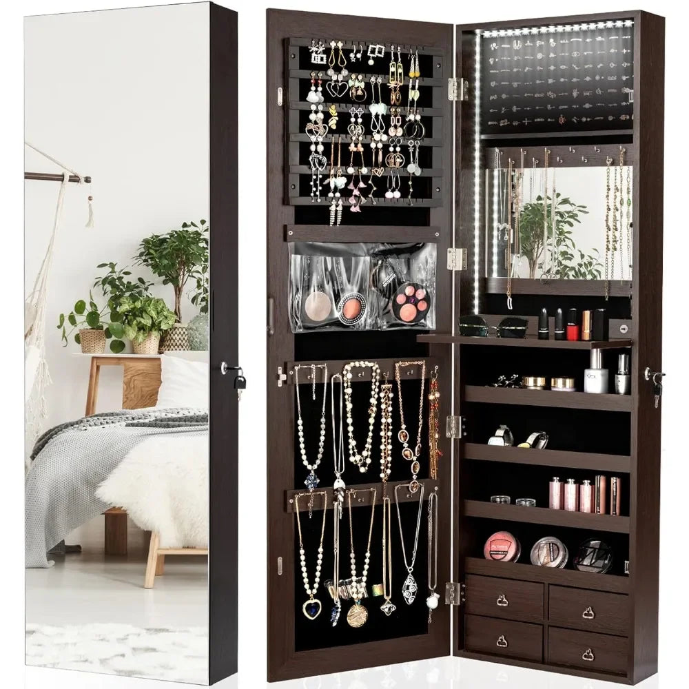 LED Strip Jewelry Armoire with 47.2" H Full Length Mirror