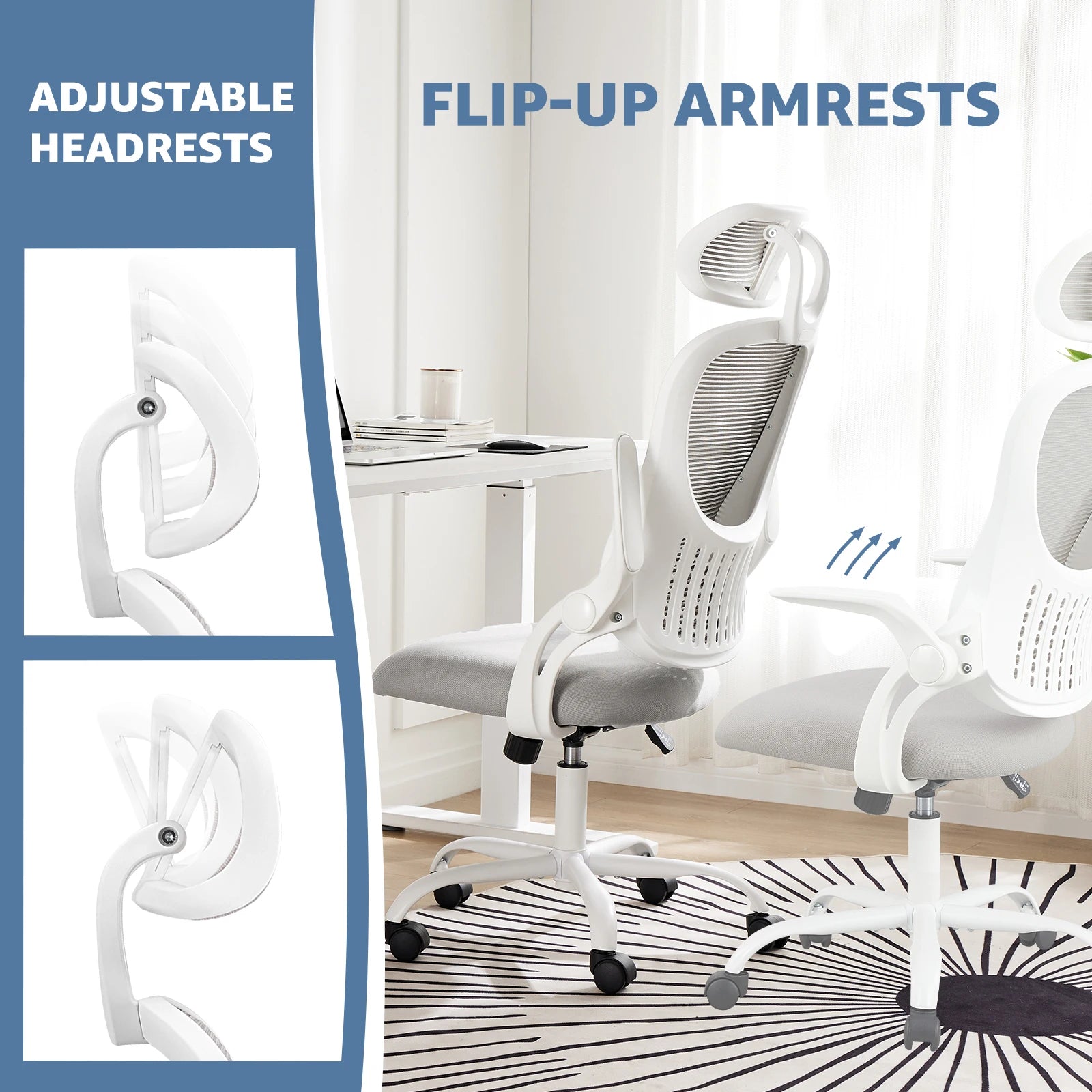 Mesh Ergonomic Office Computer Desk Chair Flip-up Arms Adjustable Headrests