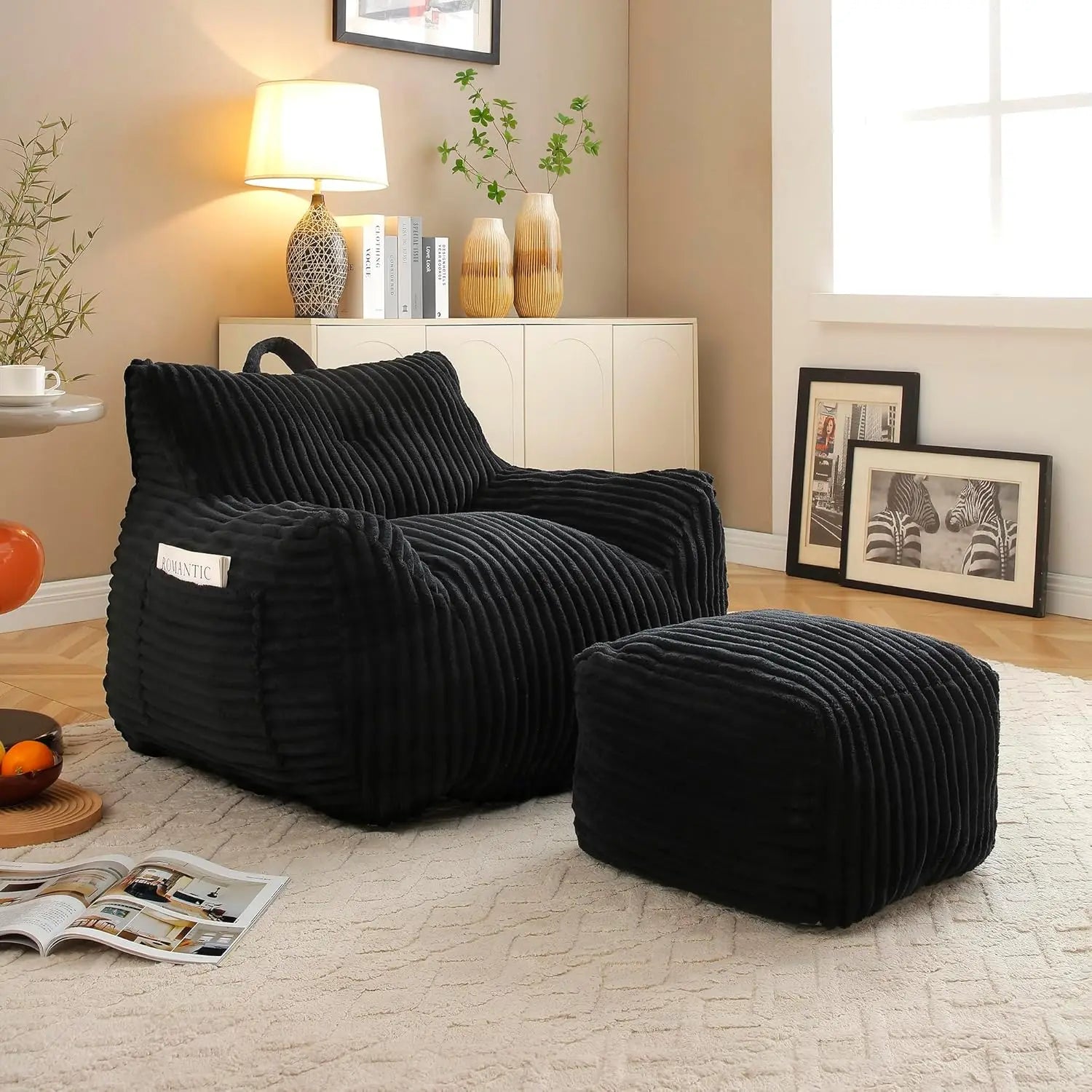 Corduroy Bean Bag Chair with Ottoman Comfy Floor Sofa for Reading