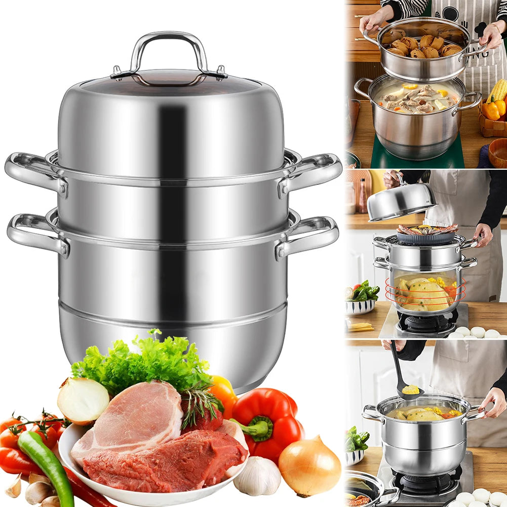 11inch 3 Tier Stainless Steel with Lid&Handle Steamer Pot od