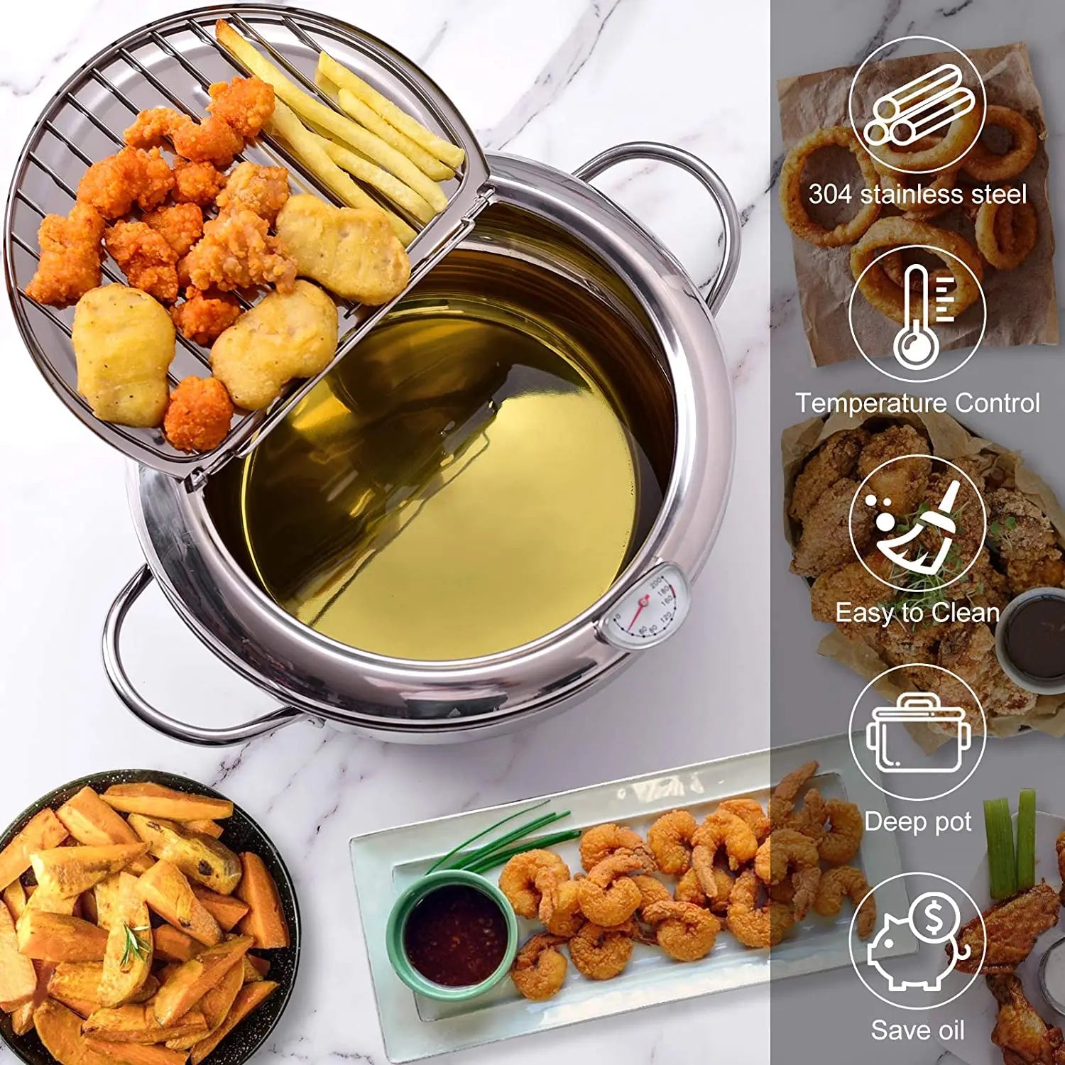 Deep Frying Pot with a Thermometer and a Lid