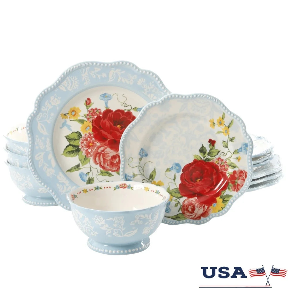 Sweet Rose 12-Piece Dinnerware Set  4 Functional Dishware Microwave Dishwasher Safe