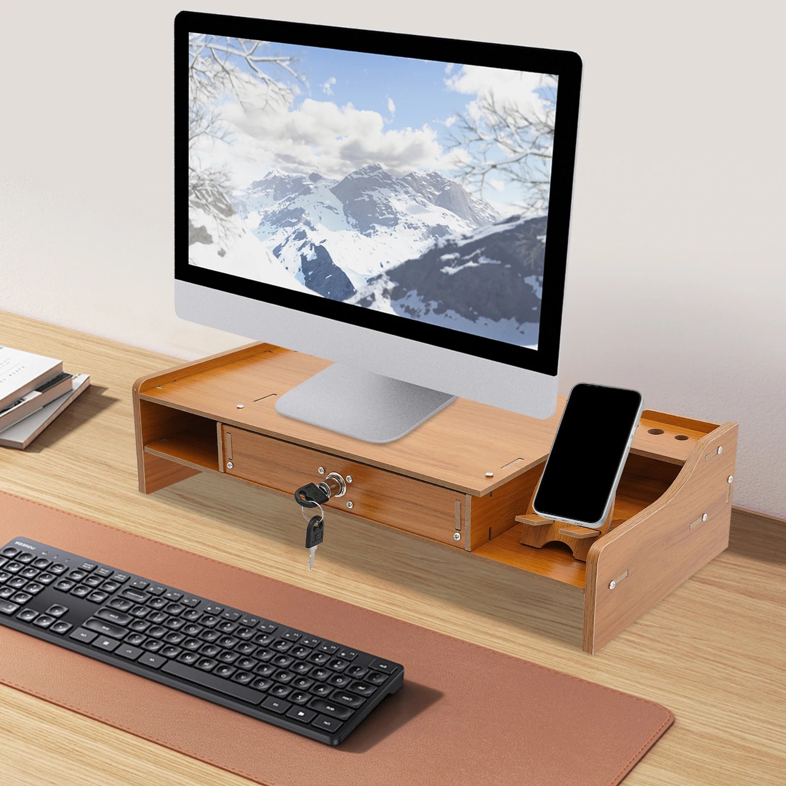 Wood Monitor Riser with Drawer Computer