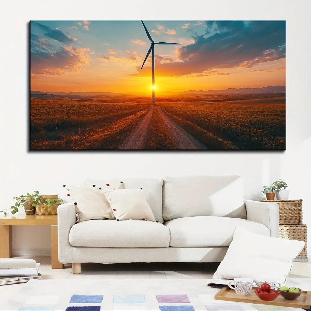 thick pine frame, sunrise wind turbine road, canvas wall art