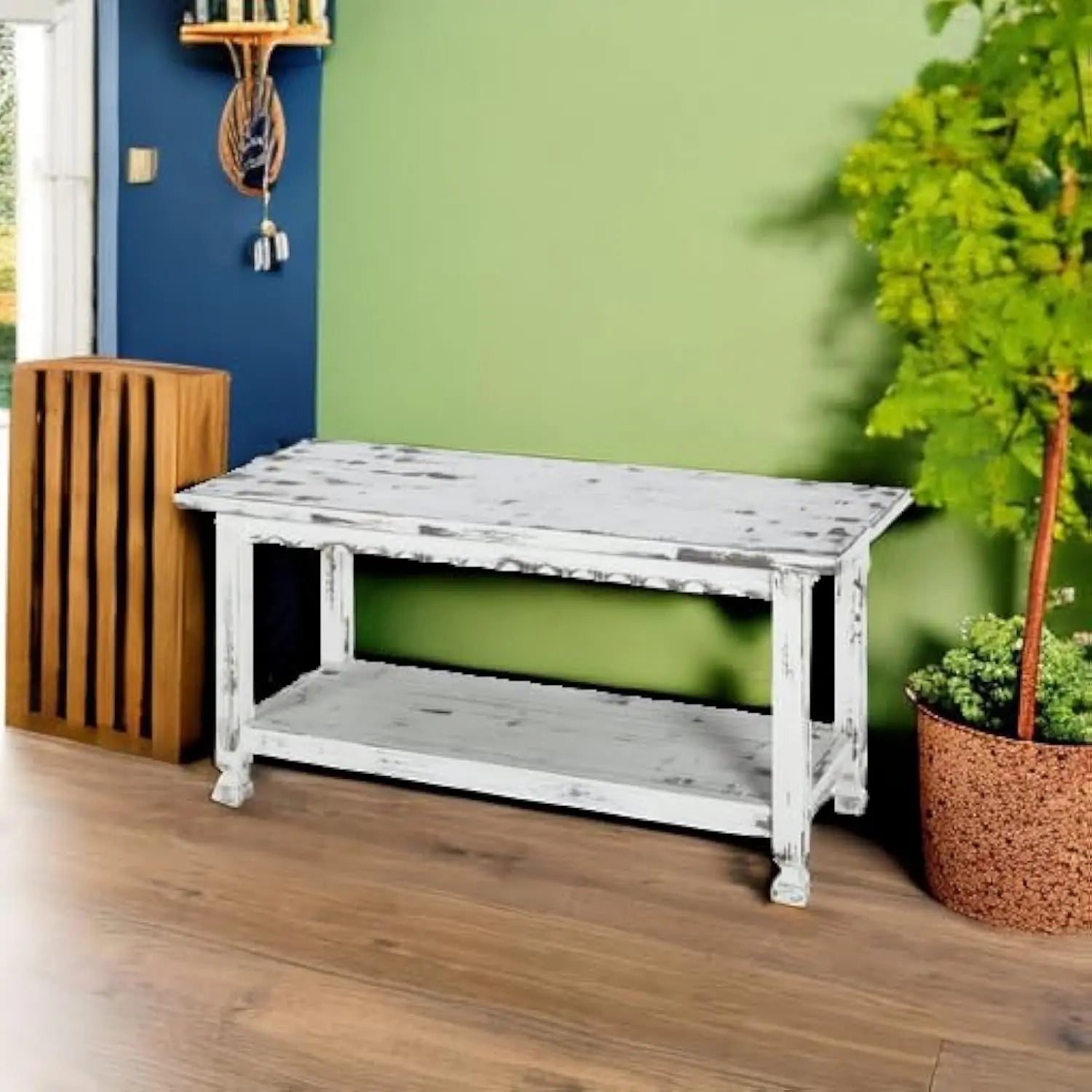 Rustic Cottage Bench w 1 Shelf  Distressed Finish