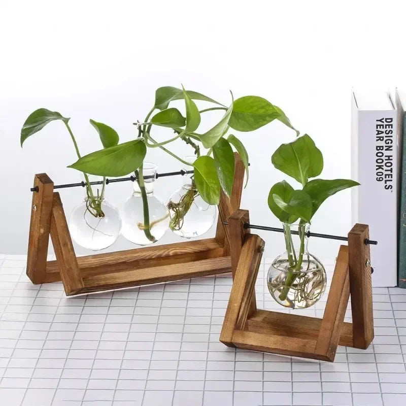 Glass Vase Vintage Bonsai Flower Pot Terrarium Tabletop Tray Wooden Frame