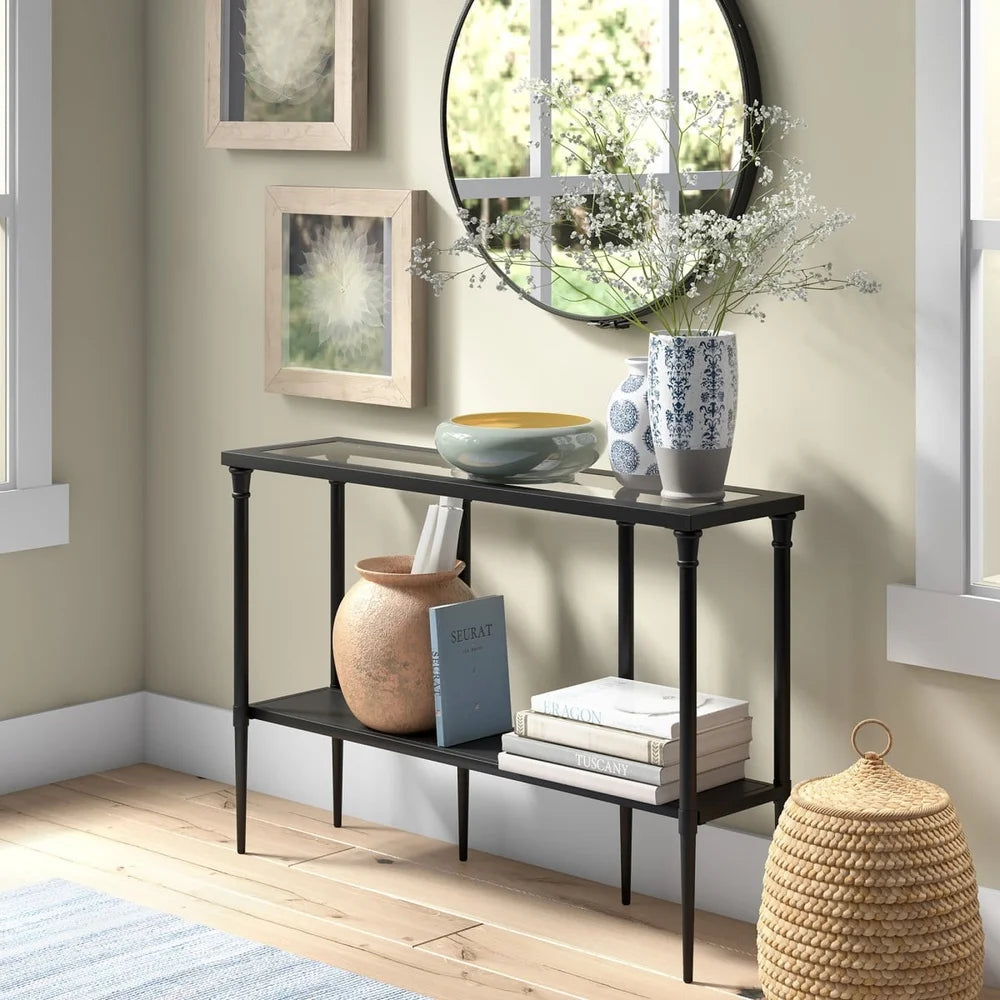 Vintage Inspired Rectangular Console Table with Tempered Glass Top and Shelf