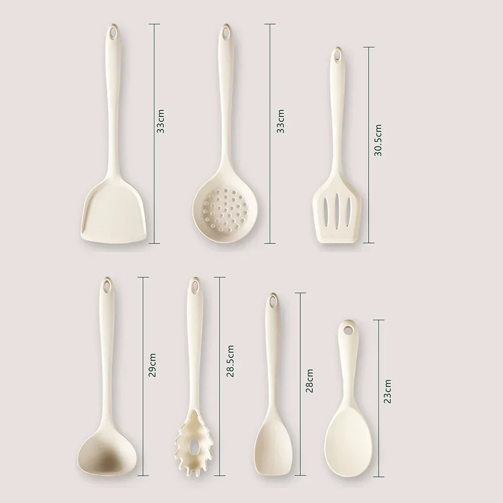 7Pcs Beige White Silicone Kitchenware Cooking Utensils
