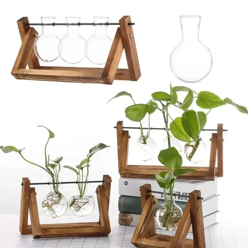Glass Vase Vintage Bonsai Flower Pot Terrarium Tabletop Tray Wooden Frame