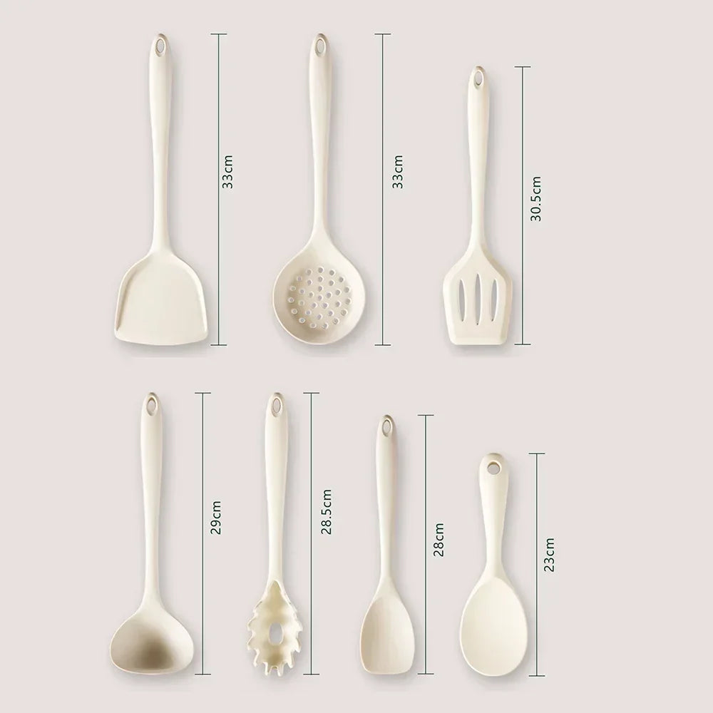 7Pcs Beige White Silicone Kitchenware Cooking Utensils