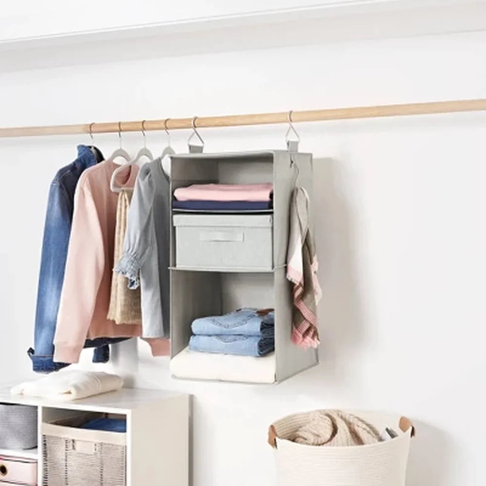 Hanging Fabric Storage Organizer with 3 Shelves Accessory Hooks