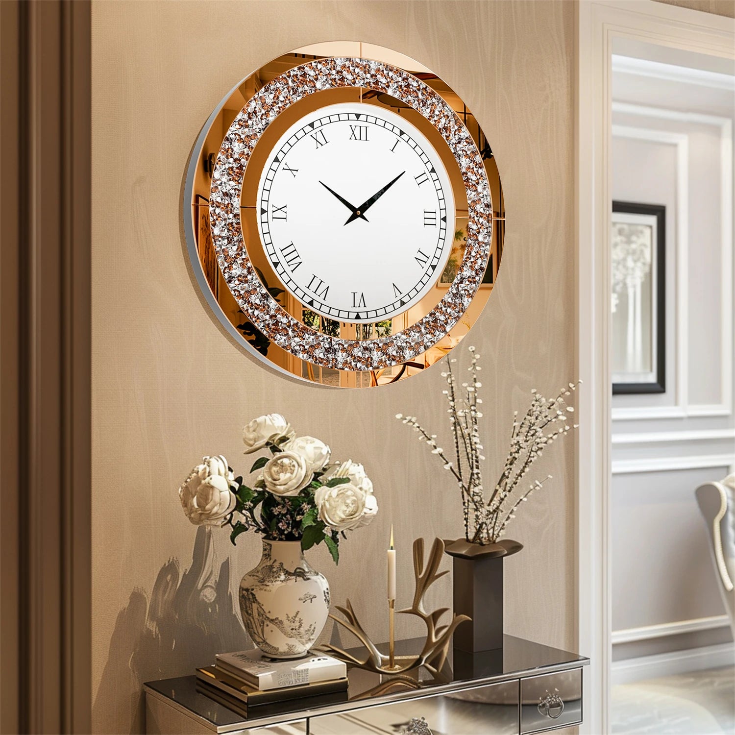 Bling Silver Round Mirror Clock Glam Sparkle Twinkle Shining
