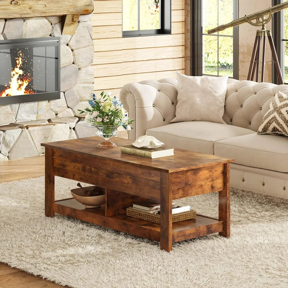 Lift Top Coffee Table with Hidden Compartment and 2 Storage Shelves