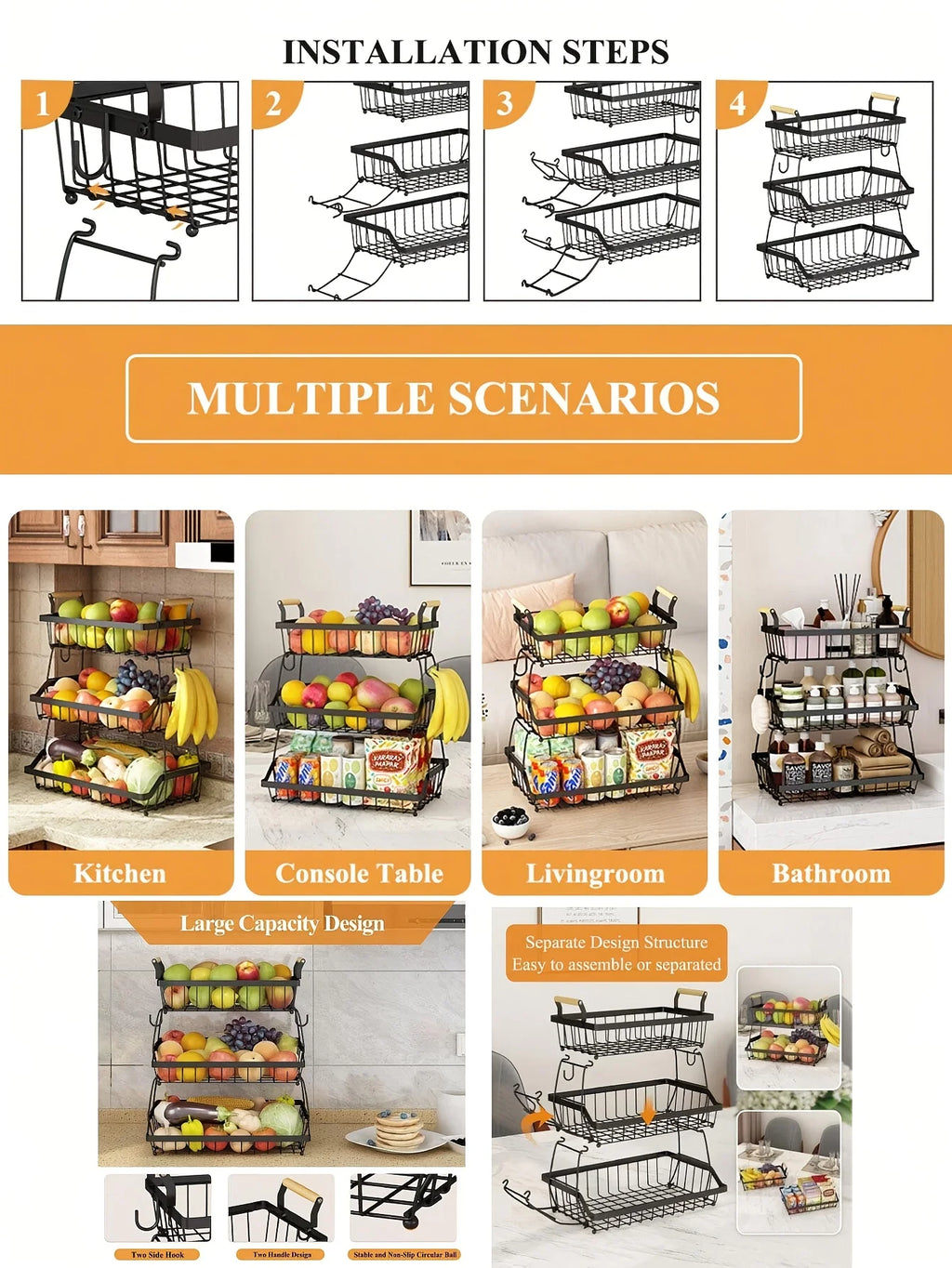 3-Tier countertop fruit basket with 2 banana hooks, removable metal device, wooden handle
