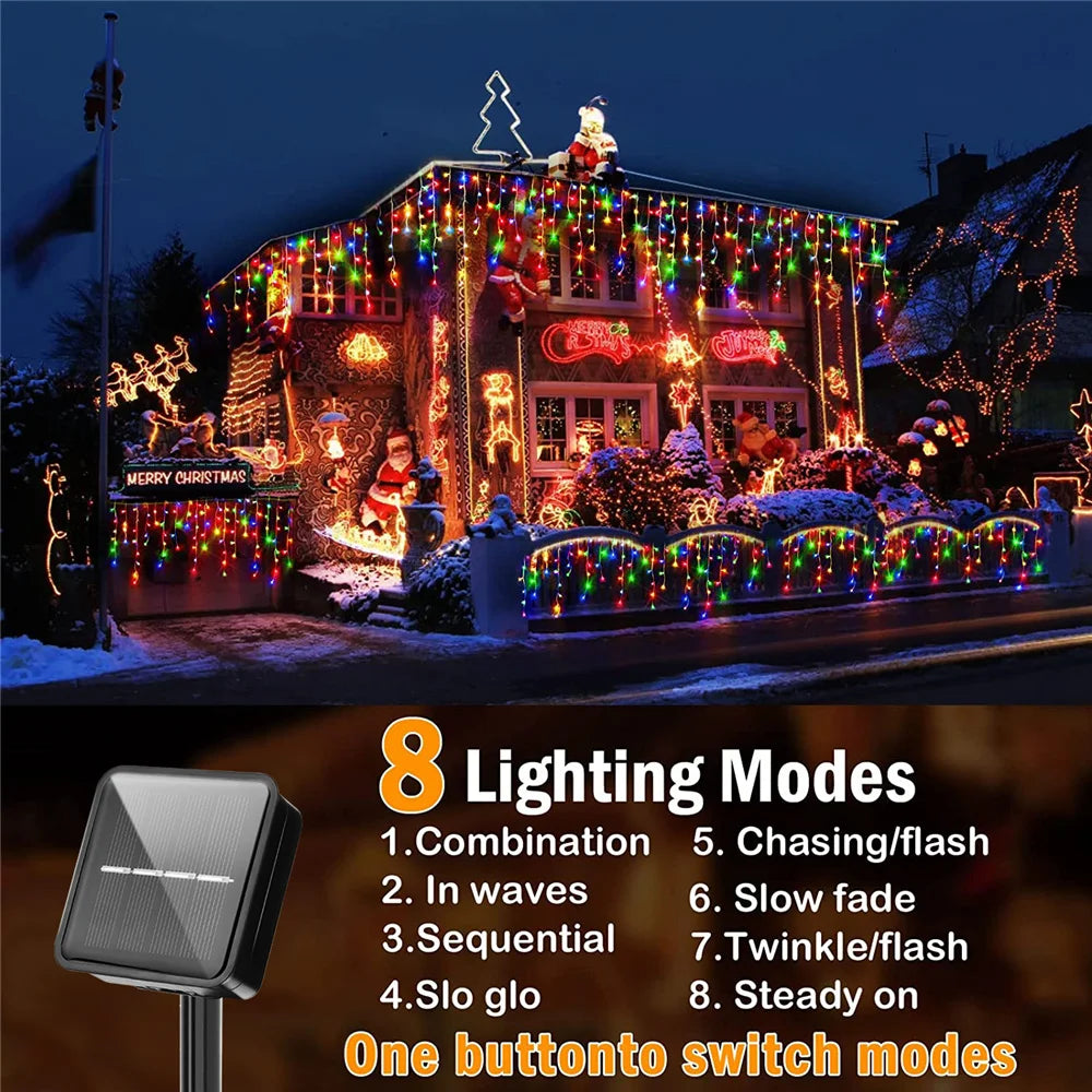 Solar Icicle Curtain Lights 8 Modes Outdoor Waterproof