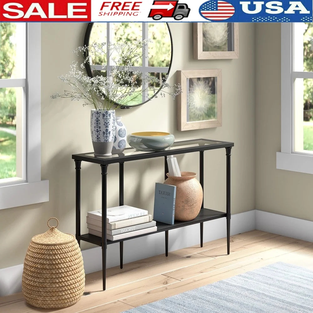 Vintage Inspired Rectangular Console Table with Tempered Glass Top and Shelf