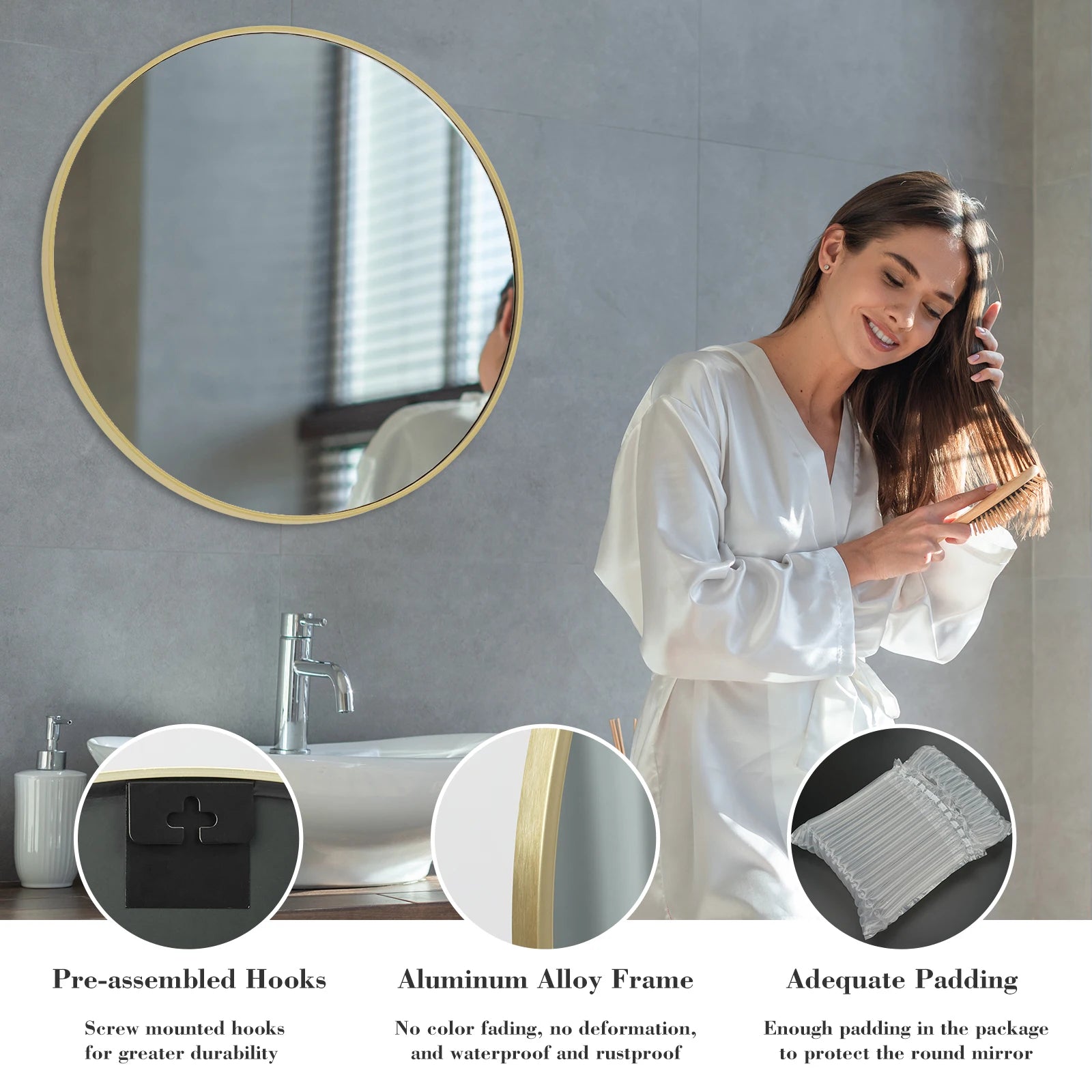 Large Gold Round Vanity Mirror for Wall Matte Metal Framed