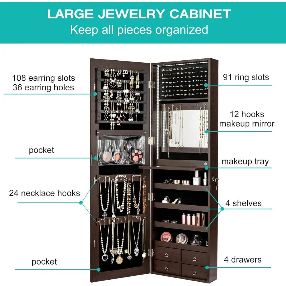 LED Strip Jewelry Armoire with 47.2" H Full Length Mirror