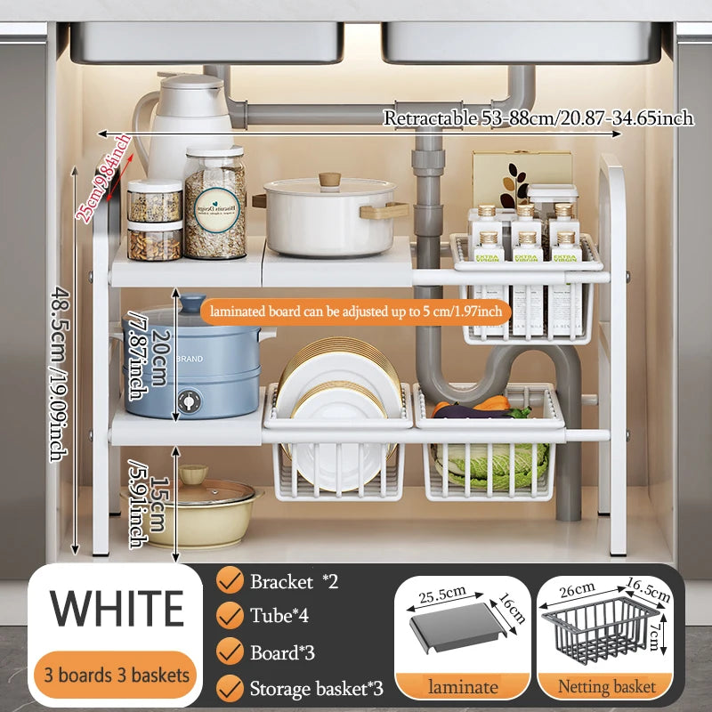 Expandable Cabinet Shelf Organizer Storage Rack With Removable Baskets