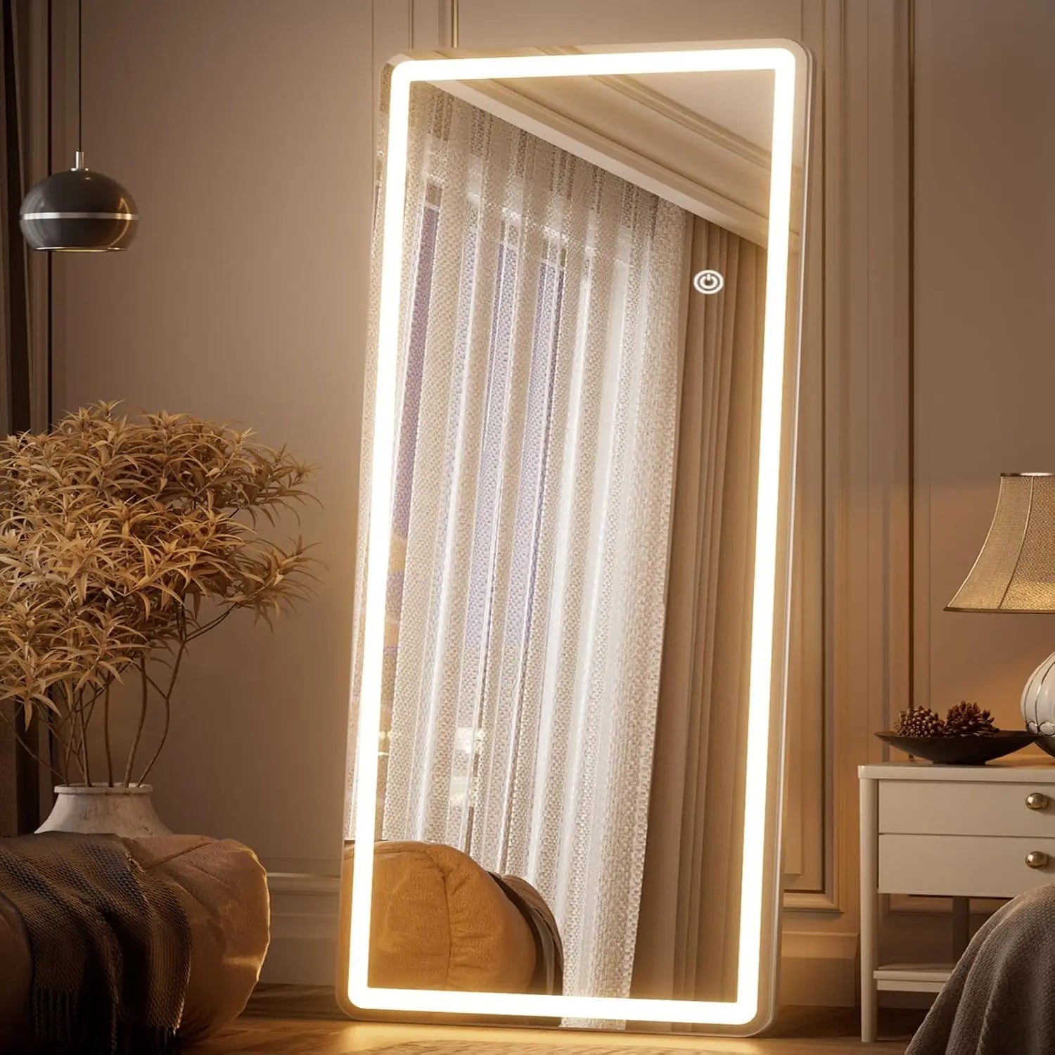 LED full-length mirror with rounded corners,  floor standing, tri color lighting, white
