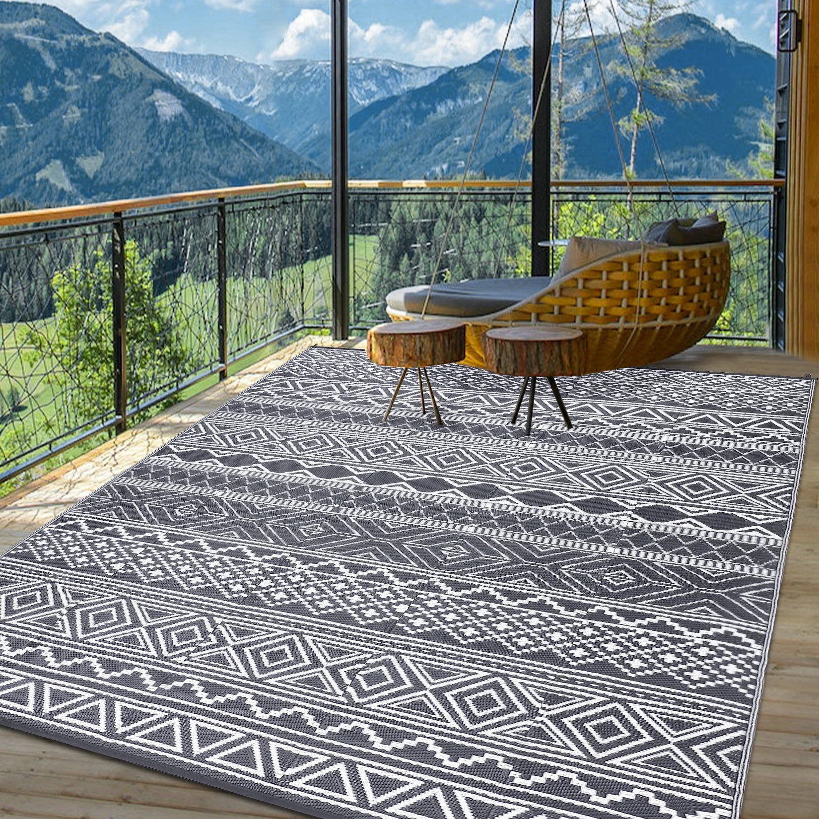 Waterproof Reversible Patio Rug Outside Camping Rug
