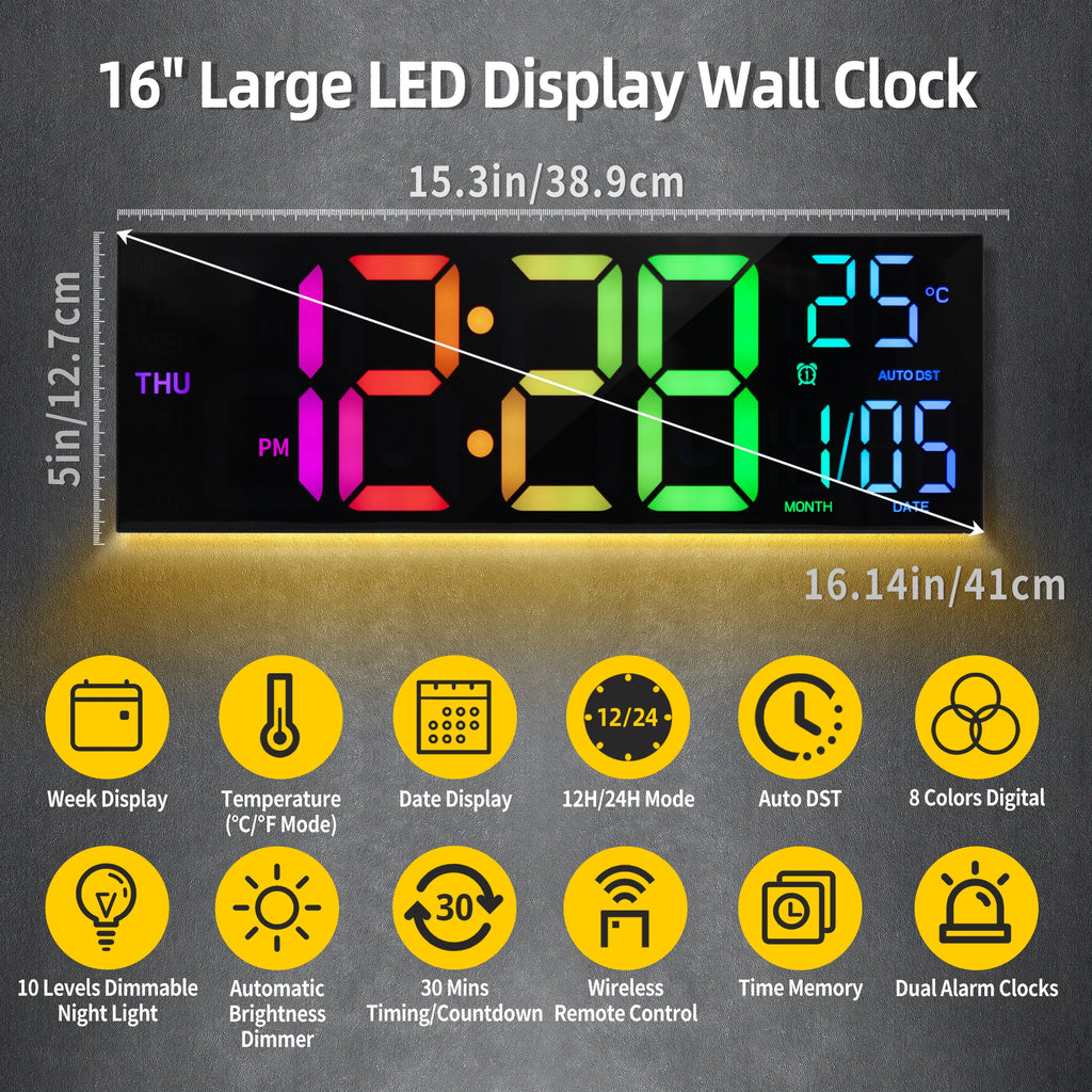 Large Digital Wall Clock, Big LED Display with Remote,Alarm, DST, Temperature for Living Room