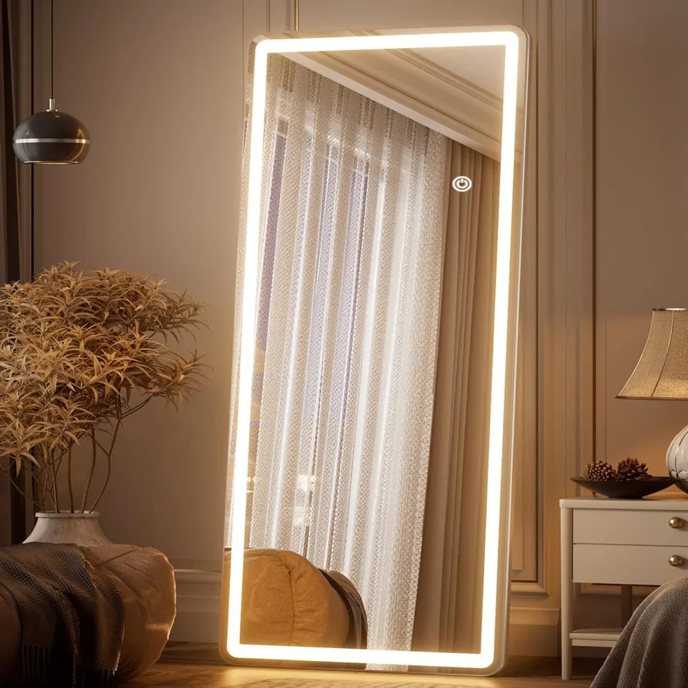LED full-length mirror with rounded corners,  floor standing, tri color lighting, white