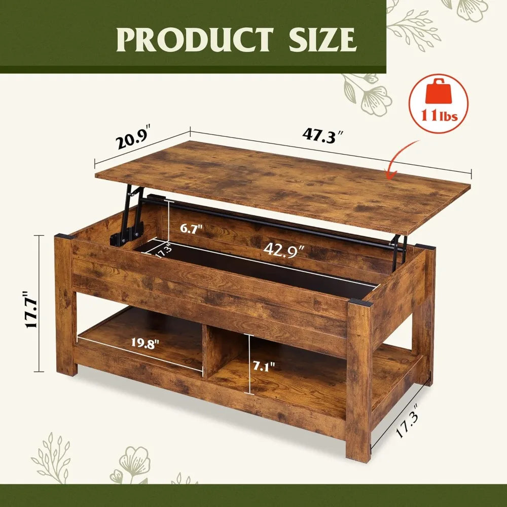 Lift Top Coffee Table with Hidden Compartment and 2 Storage Shelves