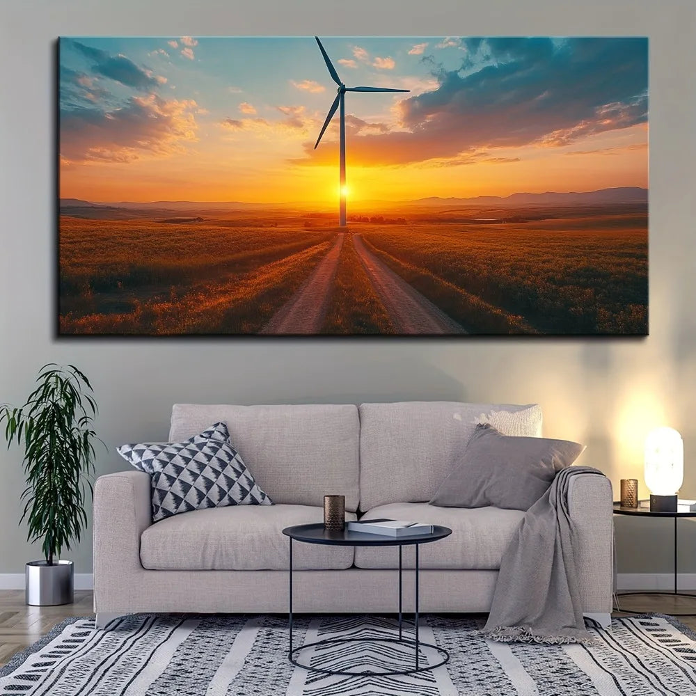 thick pine frame, sunrise wind turbine road, canvas wall art