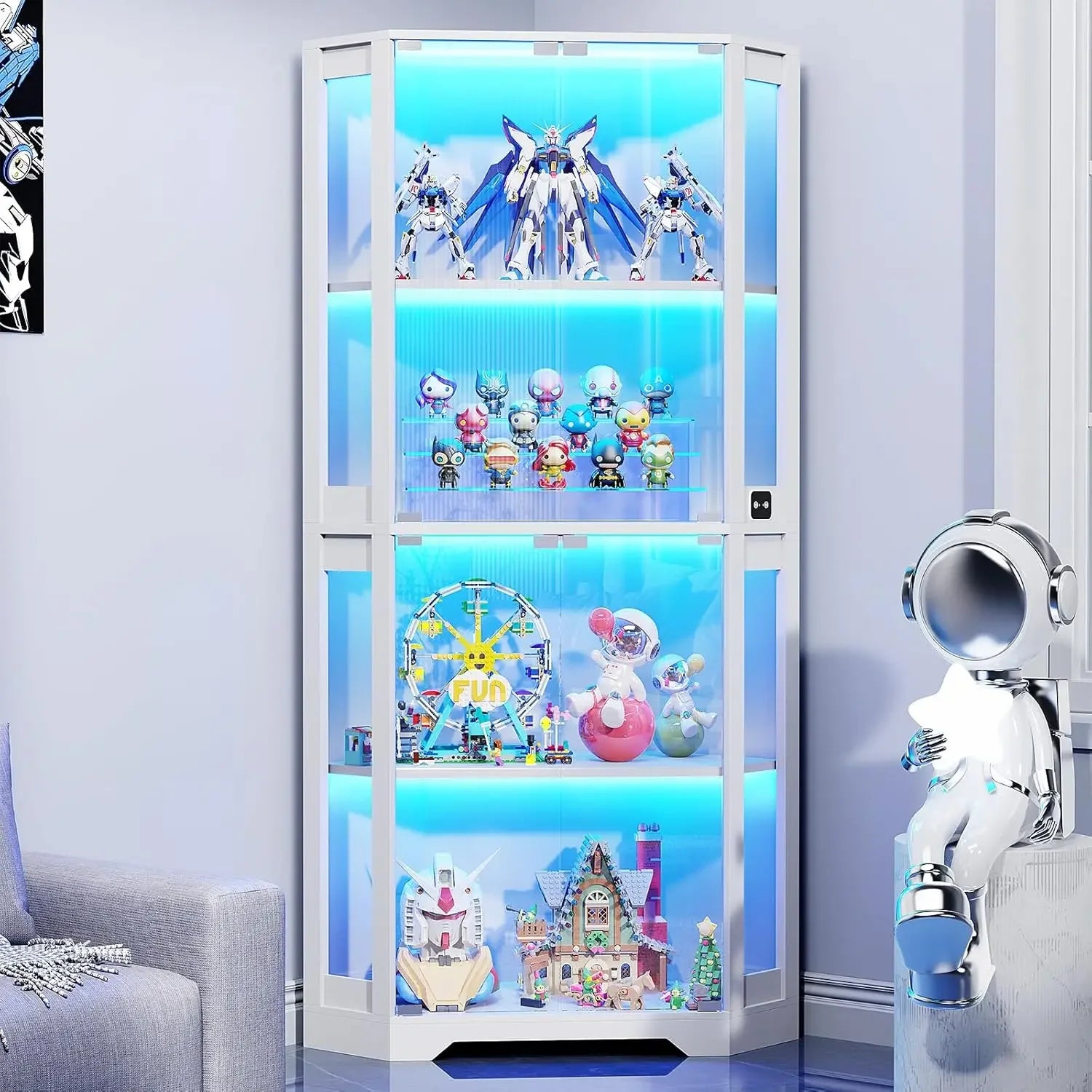 Corner Display Cabinet with Glass Doors, Lighted Curio for Collectibles,