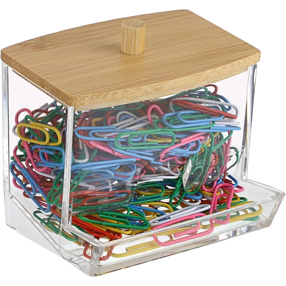 Clear stackable paper clip holder Bamboo cover 2-layer paper clip box