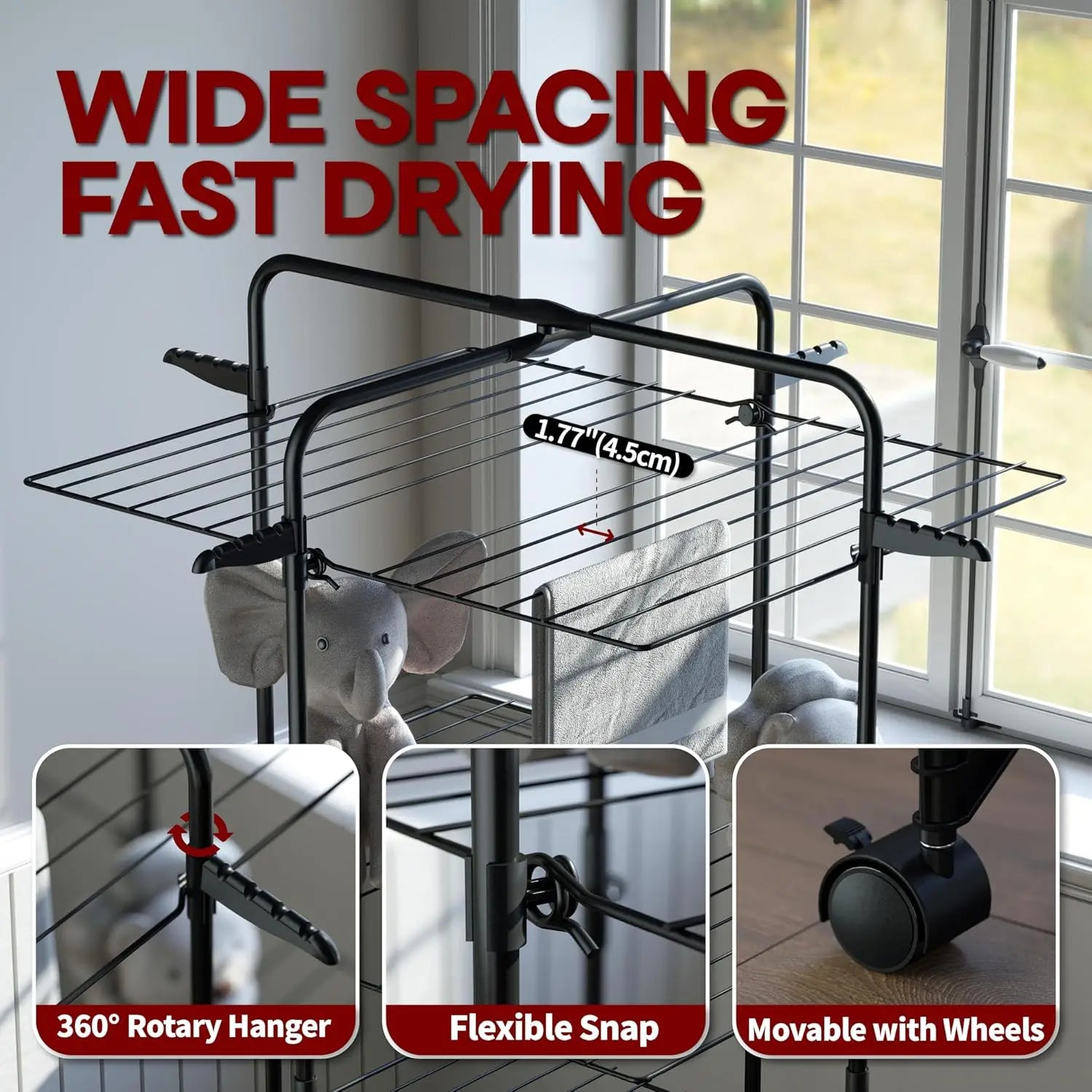 Clothes Drying Rack with Wheels and 4 Hooks Indoor-Outdoor Use