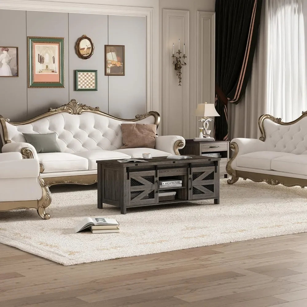4 in 1 Farmhouse Coffee Table with Sliding Barn Doors