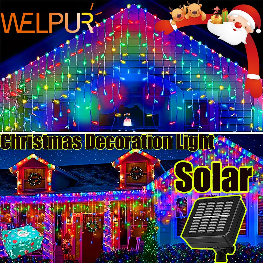 Solar Icicle Curtain Lights 8 Modes Outdoor Waterproof