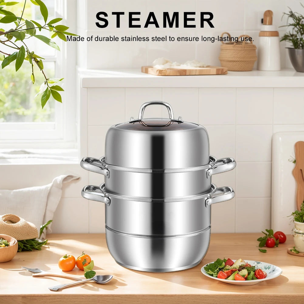 11inch 3 Tier Stainless Steel with Lid&Handle Steamer Pot od