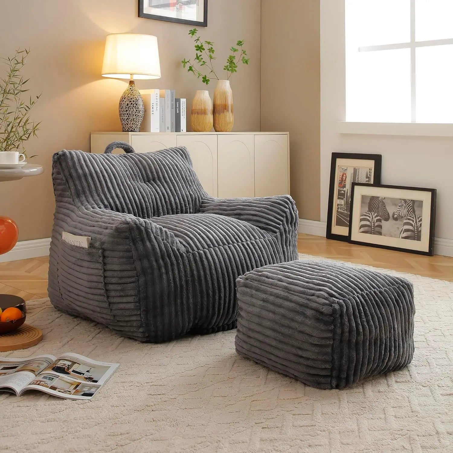 Corduroy Bean Bag Chair with Ottoman Comfy Floor Sofa for Reading